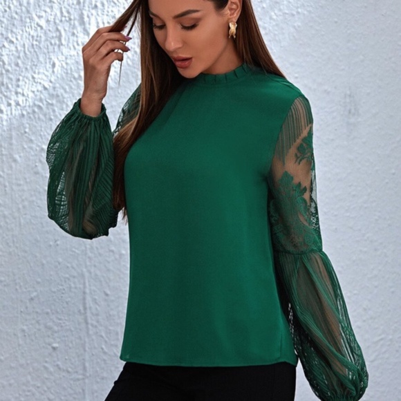 Green Floral Sheer Stripes Sleeve Minimalist Blouse - Picture 3 of 6